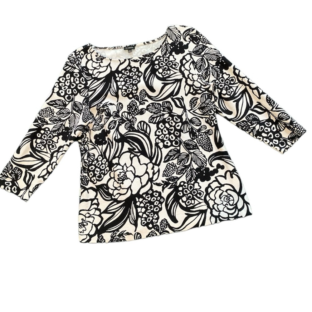 Talbots Black and Cream Floral Print Scoop Neck Tunic - Large